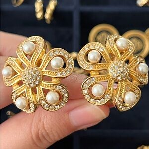 V intage Christian Dior Flower Plant Hollow Pearl Pedal Rhinestone Gold Earrings